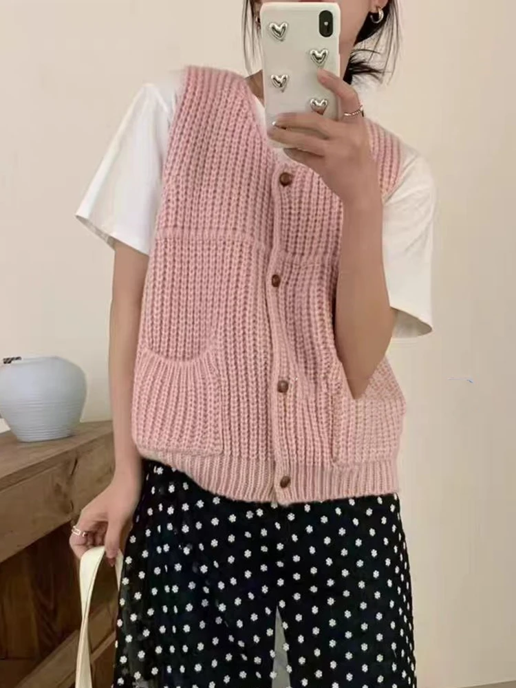 Zoki Vintage Streetwear Knitted Vest Sweaters Women V Neck Loose Casual Yellow Vest Coat Korean Casual Single Breasted Retro Top