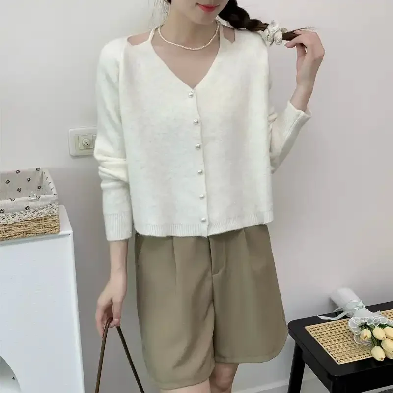 

Вязаный кардиган с v-образным вырезом, женский осенне-зимний однотонный модный топ с длинными рукавами