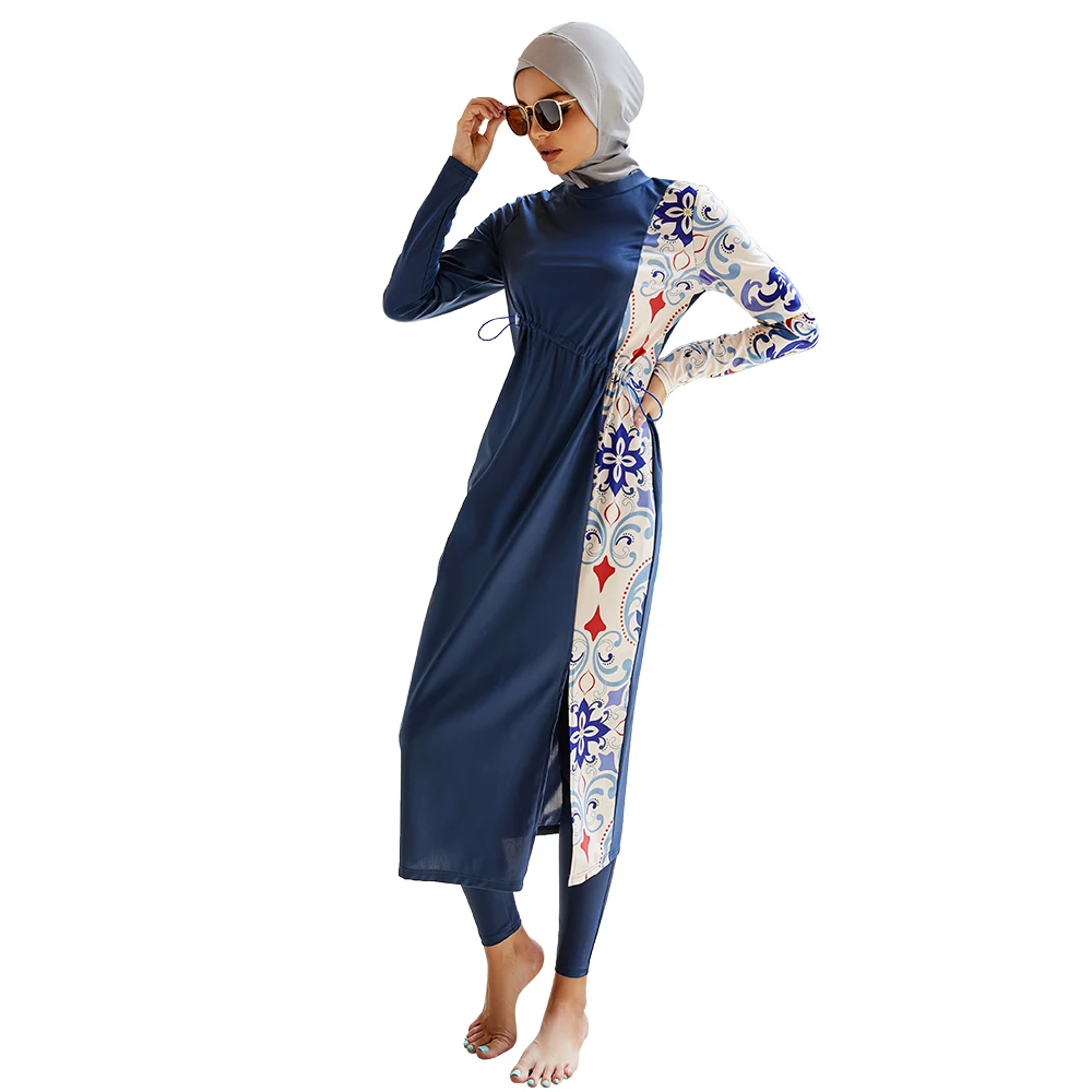 Fashion Muslim Swimsuit Burkini for Women Islamic Arab Swimming Set Hijab Maxi Dress Full Cover Blue Print Patchwork