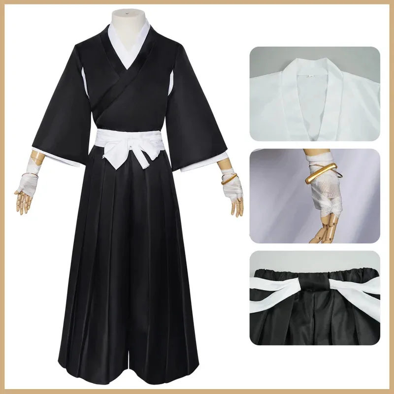Anime Bleach Shinigami Kuchiki Rukia Cosplay Costume Japanese Black Kendo Uniform Robe Coat Wig Man Woman Halloween Suits;3'v,6.