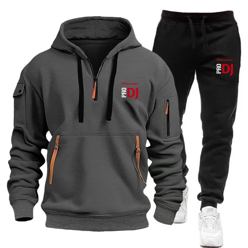 Men's new autumn and winter multi-pocket zipper long-sleeved hoodie + sports and leisure pants two-piece fitness jogging suit