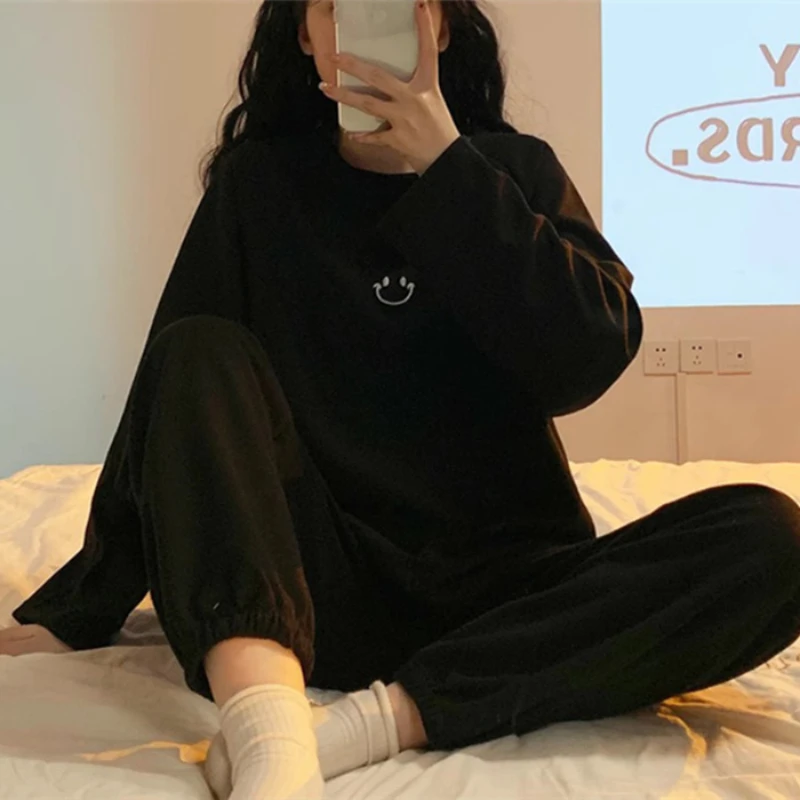 Atutmn Women Pajamas Set Smiley Face Print Long-sleeved Pant Homewear Simple Loose Casual Sleepwear Loungewear Ins Korean Style