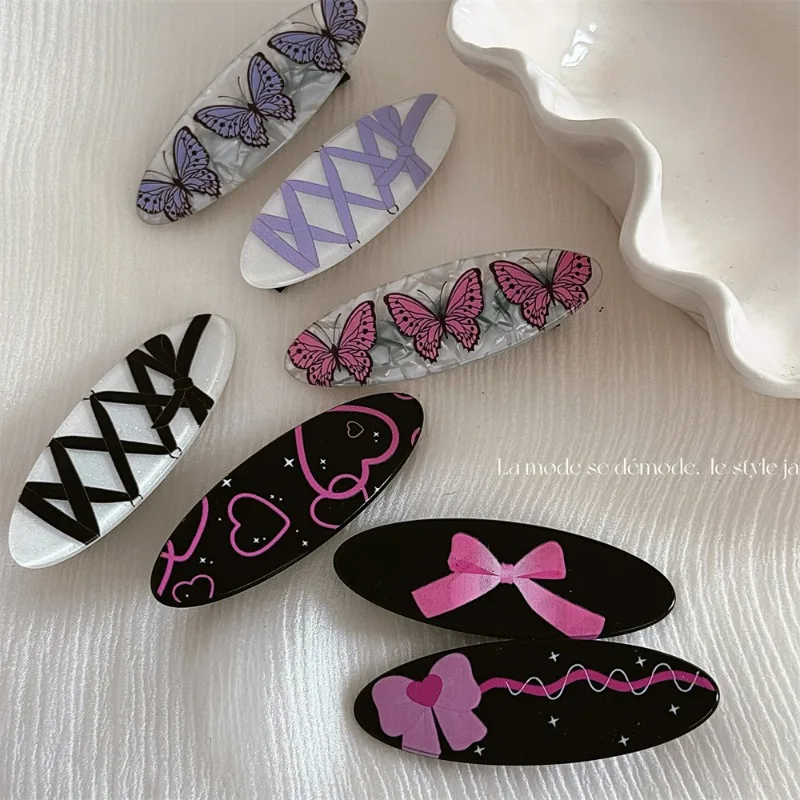 Gentle Pink Black Barrettes Sweet Bow Oval Clip All-Matching Girlish Hair Accessories Side Clip Duckbilled Headdress New