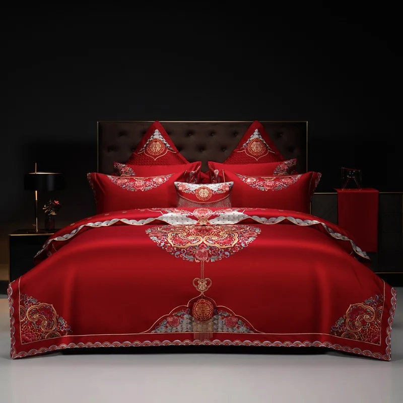 

High 160 thread long staple cotton four piece set, all cotton embroidery red wedding four piece set