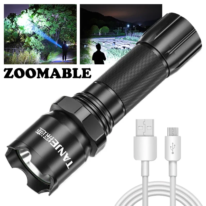 

Mini LED Flashlight USB Rechargable Waterproof Torches Zoomable Hard Light Tactical Flashlight for Hiking Camping Cycling Lamp