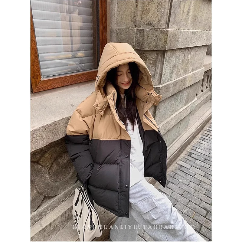 Winter Fashion Casual Y2k Aesthetic Thicken Warm Women Parkas Patchwork Vintage Jackets Harajuku Zippers Loose Hooded Coats