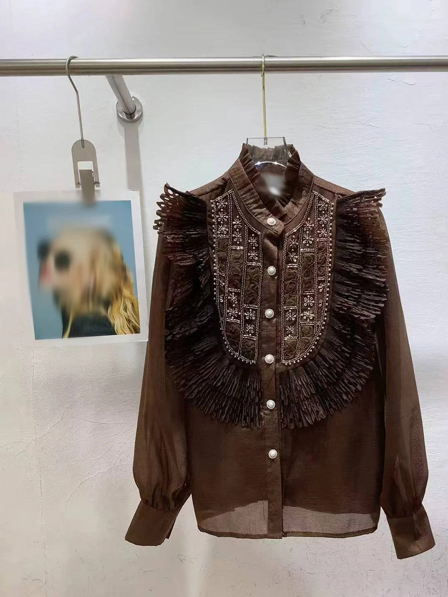 GALCAUR solide épissé perles chemise élégante femme col montant à manches longues en vrac français luxe femmes chemises automne mode