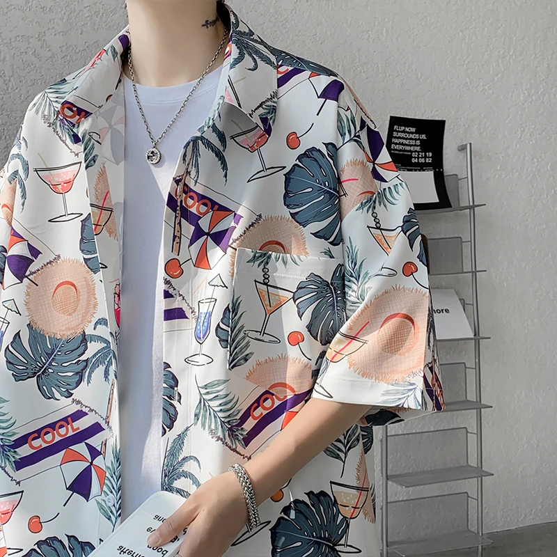 

Ice Silk ort Sve irt Men's Summer Thin Loose Top Hawaii Harbor Sle Printed Casual irt Youth Faion Summer Wear