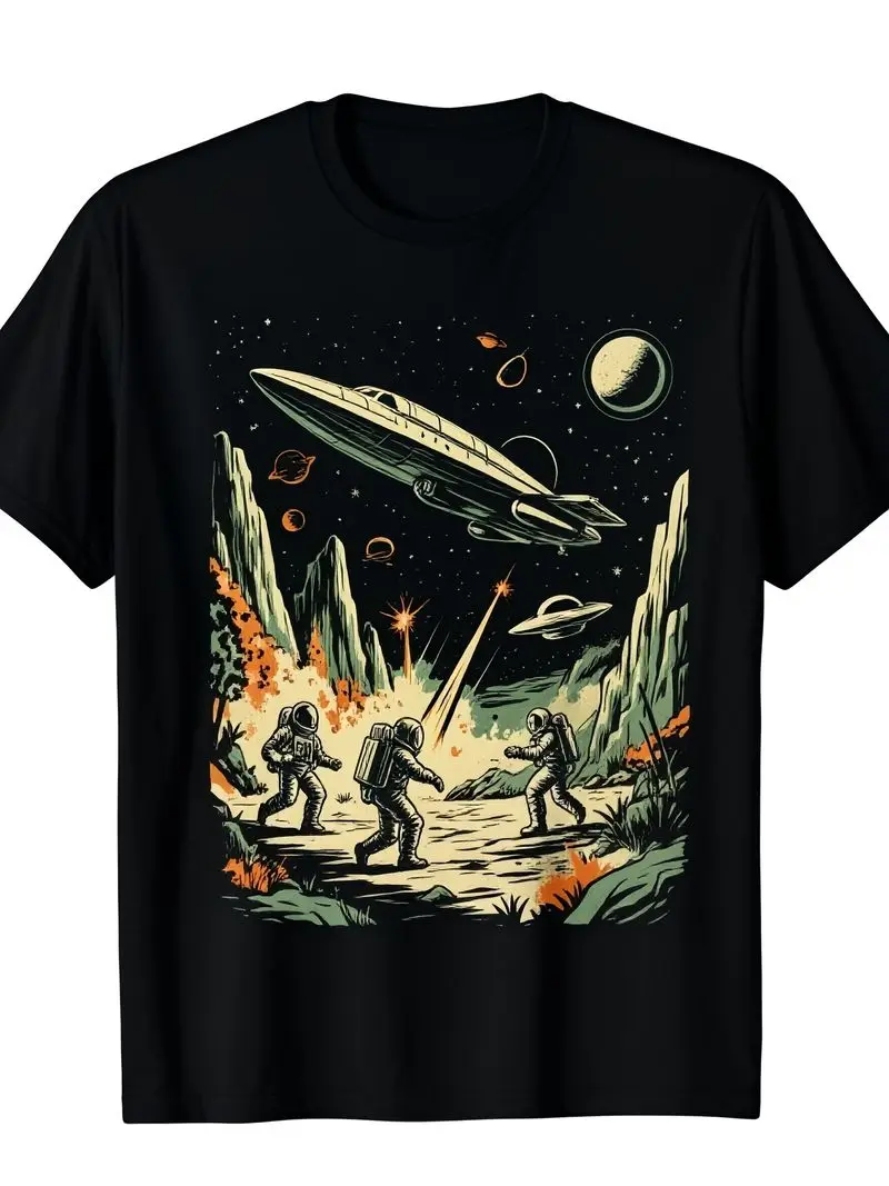 Vintage Space T-Shirt Retro Sci-Fi Space Battle Theme Planets Spaceships Black Short Sleeve Crew Neck Regular Fit Breathable