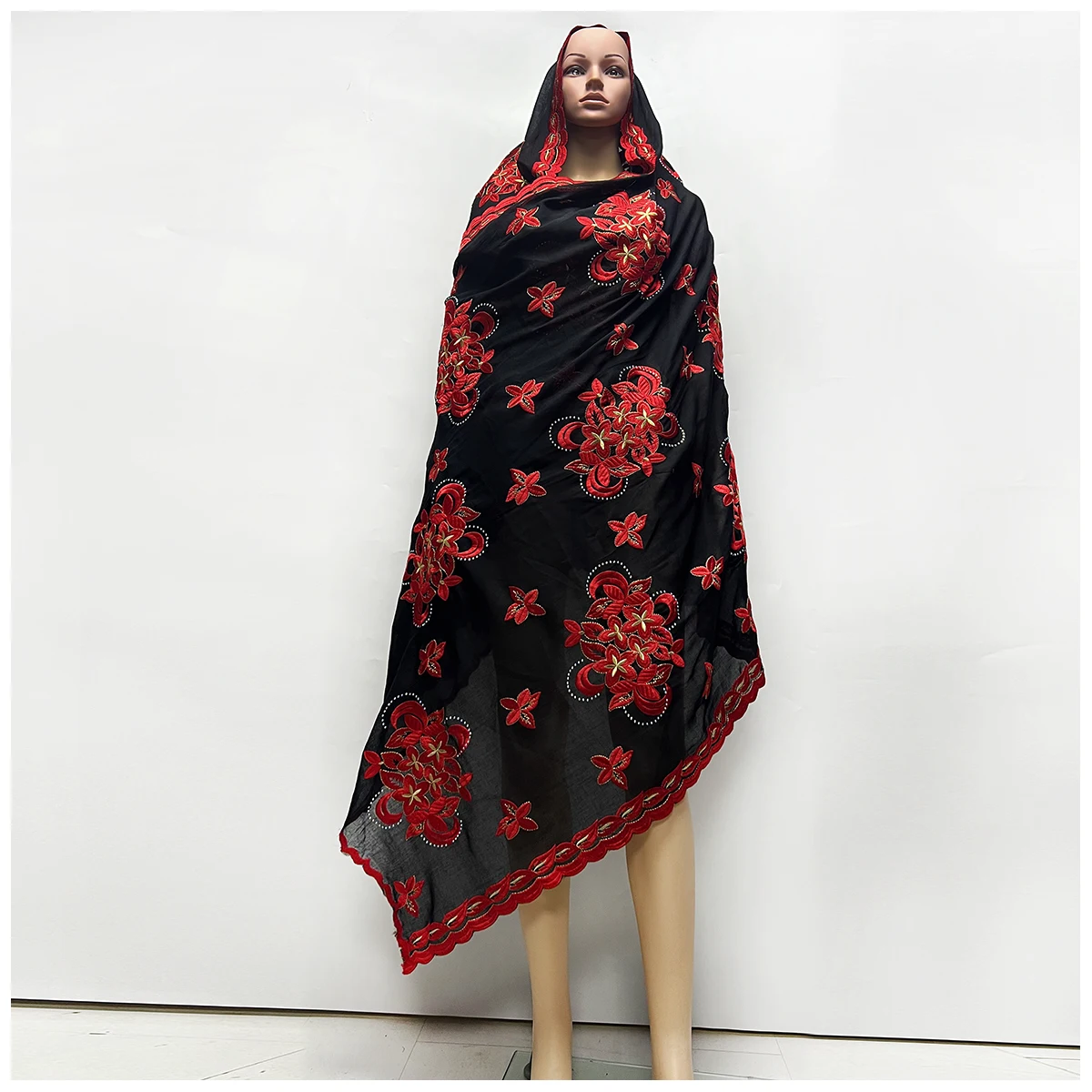 African Women Hijab Muslim Scarf High Quality 100% Cotton Fabric Rayon Cotton Thread Eembroidered Scarf Dubai Excellent Style