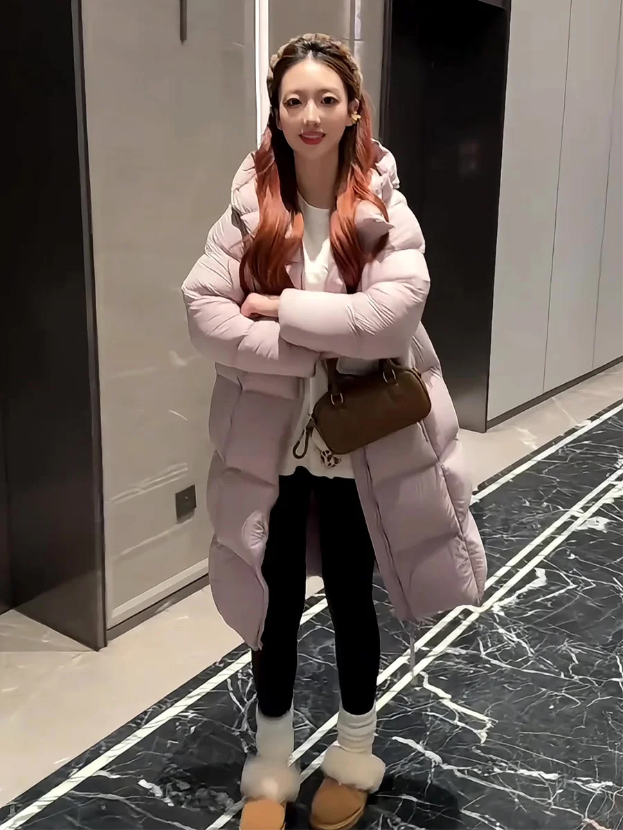 

plus Size Women's Purple White Du down Puffer Jaet Long Over-Knee Hooded Warm Outerwear Korean Sle Winter Coat