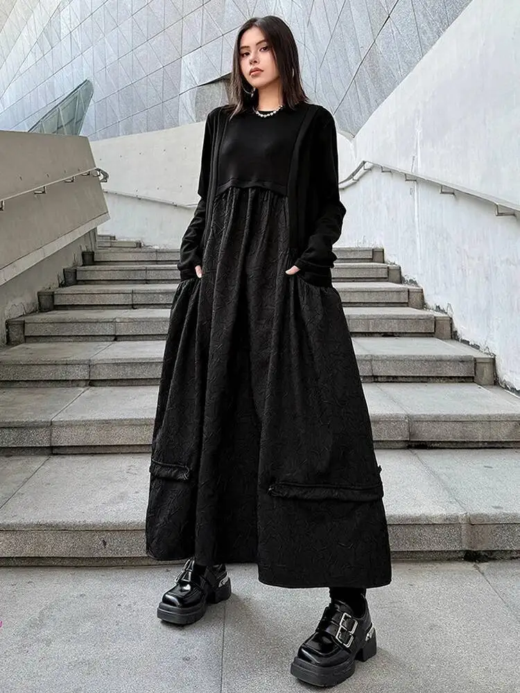 Black Drawstring Women Spliced Big Size Midi Dress New Round Neck Long Sleeve Fashion  Spring Autumn 2026 BFPH