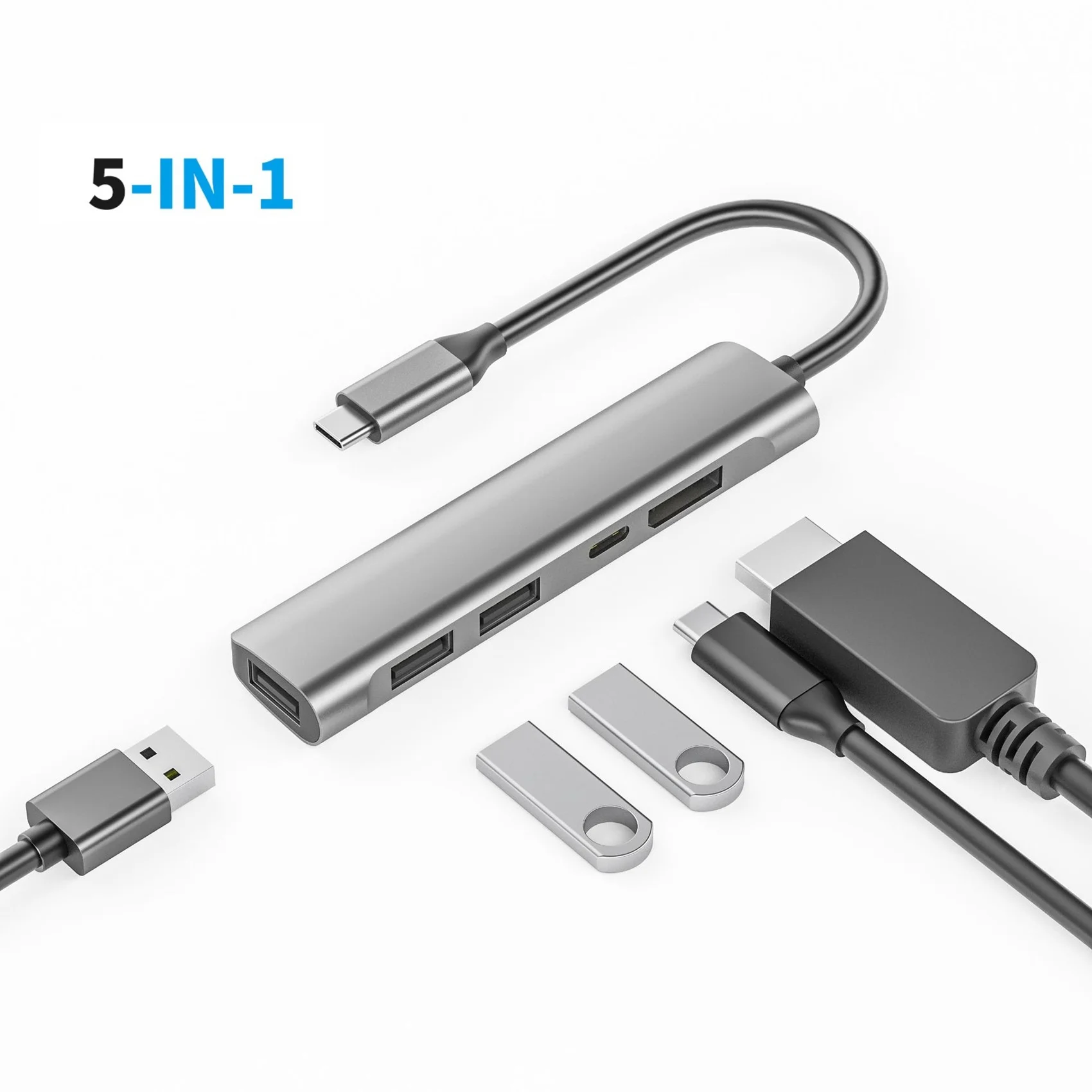 5 in 1 USB-C Hub Adapter 3.5mm Audio Jack USB 2.0 Type C 60W PD Docking Station for Macbook Laptop Desktop,W27L