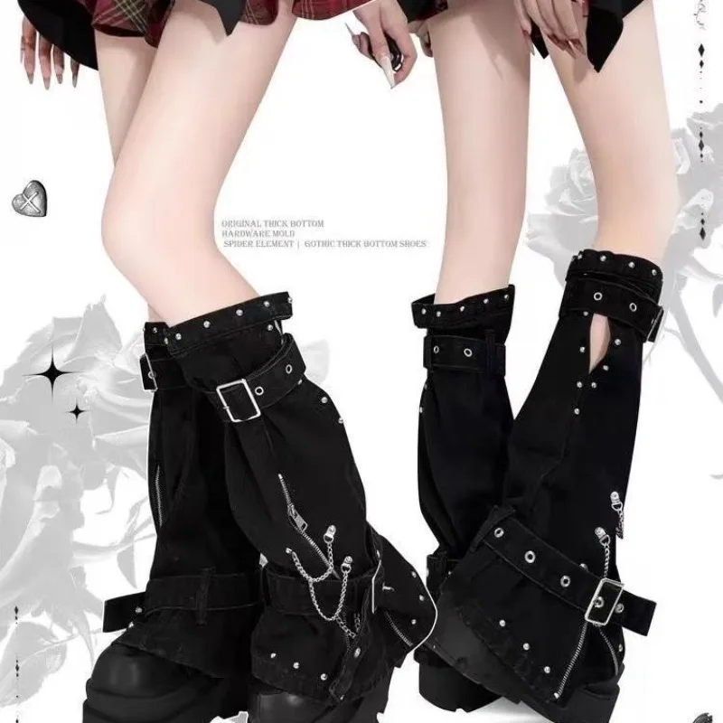 Dark Y2k Unique Design Chain Tooling Thin Stack Leg Cover Black Japanese Subculture Soft Girl Style Socks Leg Warmers For Women