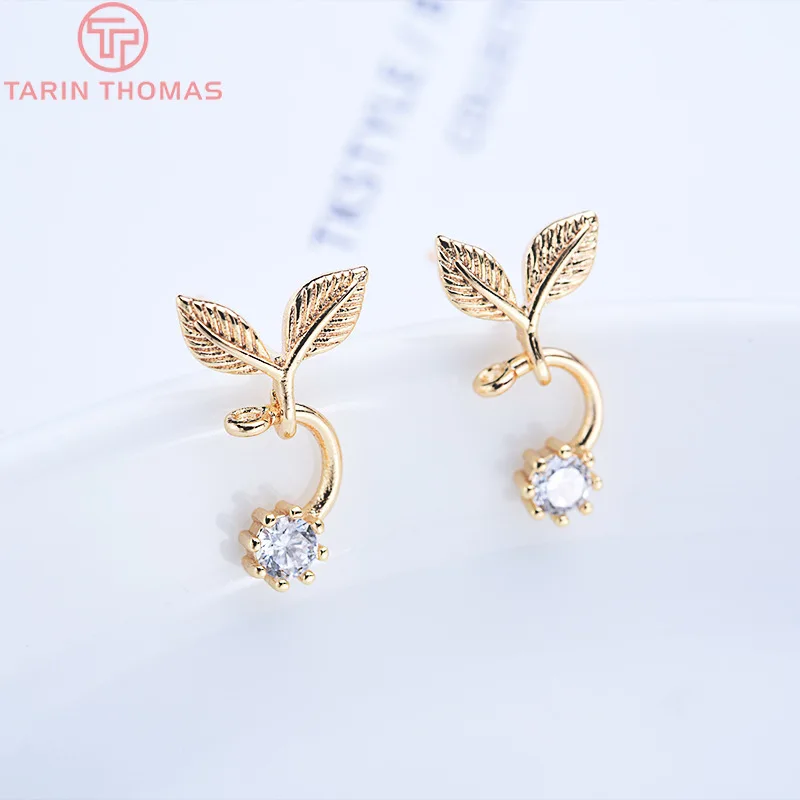 

(2468)6PCS 8x15MM 24K Gold Color Brass with Zircon Two leaves Stud Earrings Pins High quality jewellery Accessories