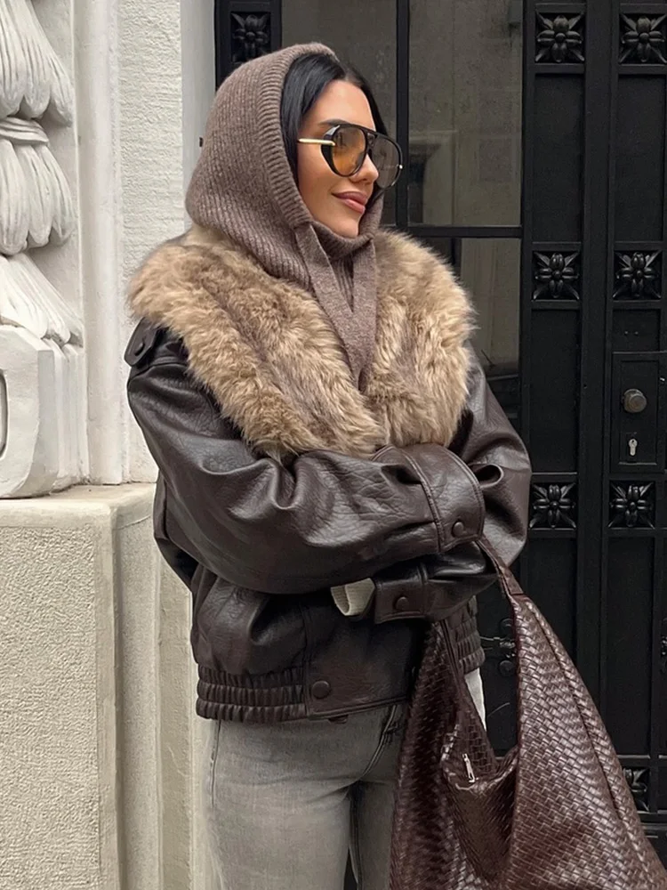 

HH Woman Fashion Winter Faux Fur Effect Lapel Long Sleeves Double Breasted Pocket Decoration Jackets Female Loose Casual Coat