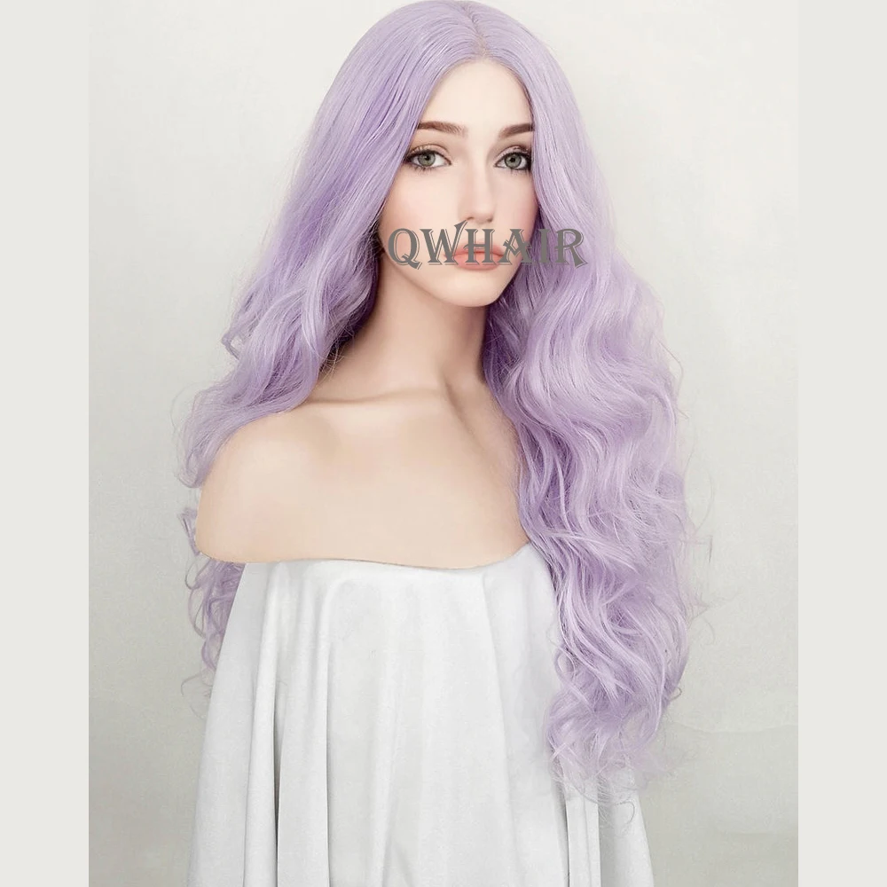 QW Synthetic Hair Pastel Light Purple Wavy Body Wave Soft 13X4 Lace Front Wig For Women Hair Heat Resistant Fiber Cosplay  Daily