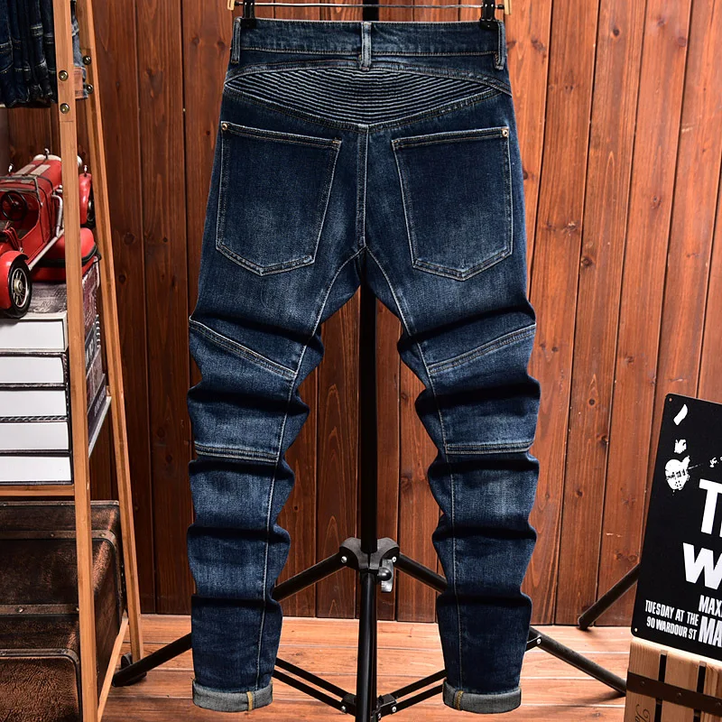 New style jeans with men zipper decoration motorcycle slim fit straight tube trendy high-end elastic casual biker denim pants