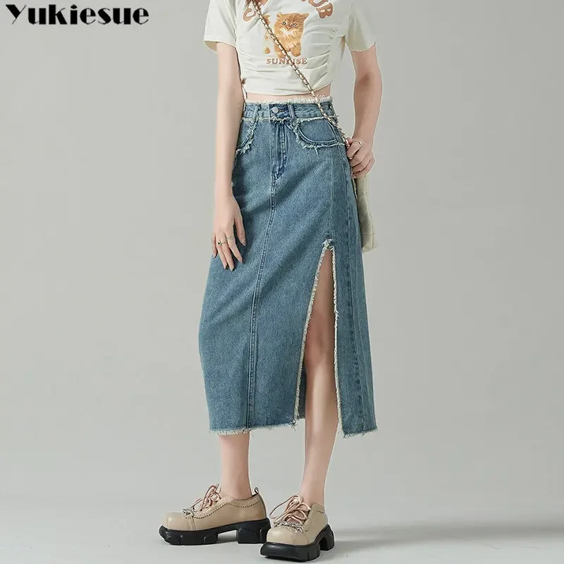 

2025 New Classic High Wasit Jeans Skirts Straight Side Split A-line Pencil Skirts Female Summer Women's Long Denim Wrap Skirts