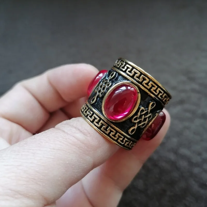 Tibetan Antique Collection 925 Silver Gold Plated Ring, Inlaid Ruby Red Corundum, Vintage Thumb Ring Jewelry