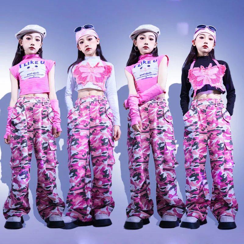 Kid Cute Hip Hop Clothing Denim Pink Butterfly Crop Tank Top Casual Camouflage Cargo Pants for Girl Jazz Dance Costumes Clothes