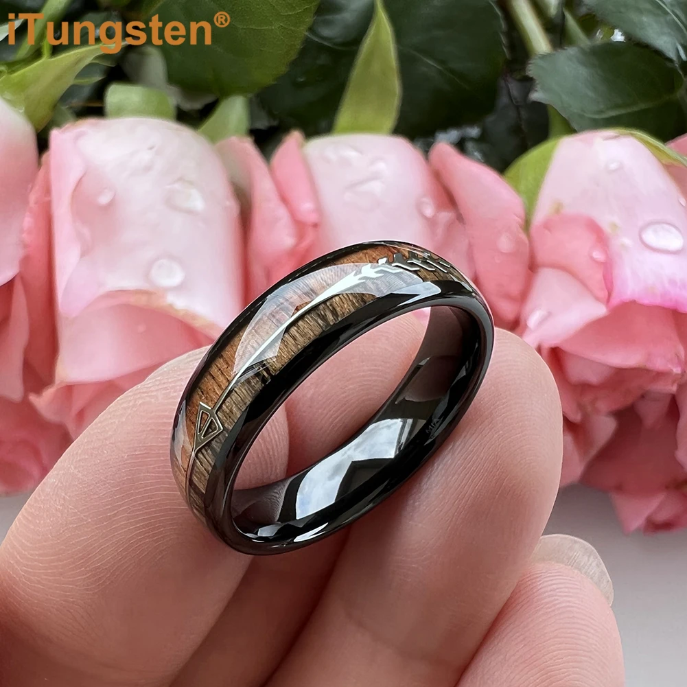 iTungsten 6mm 8mm Tungsten Carbide Ring for Men Women Engagement Wedding Band Fashion Jewelry Arrow Koa Wood Inlay Comfort Fit