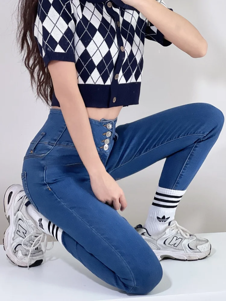 Jeans in denim attillati da ragazza piccante a vita alta Pantaloni da nove pezzi elasticizzati alla caviglia da donna Pantaloni a matita in denim elasticizzato in cotone