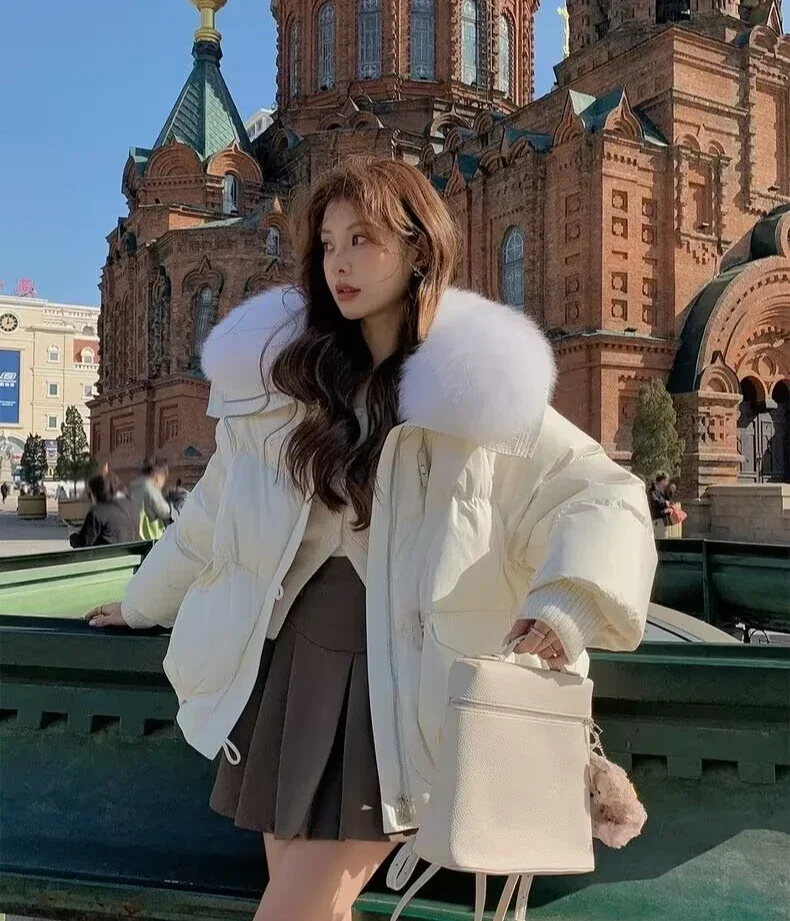 Down Cotton Short Padded Jacket Women Parkas Fur Collar Autumn Winter Thick Coats Female Black Casual Outerwear Clothes 2026