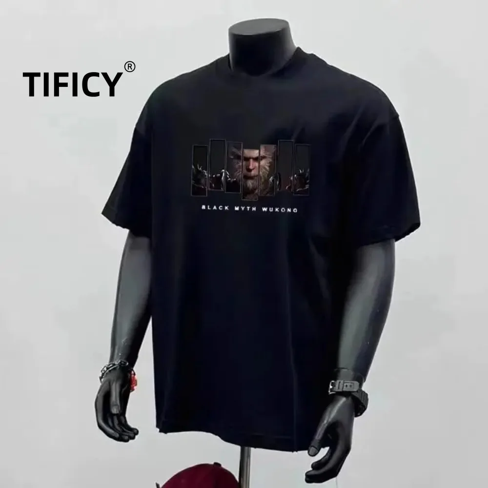 

High Street Letter Printed Heavyweight Pure Cotton Short Sleeved T-shirt Men's Summer Casual Loose and Versatile Tshirts Top