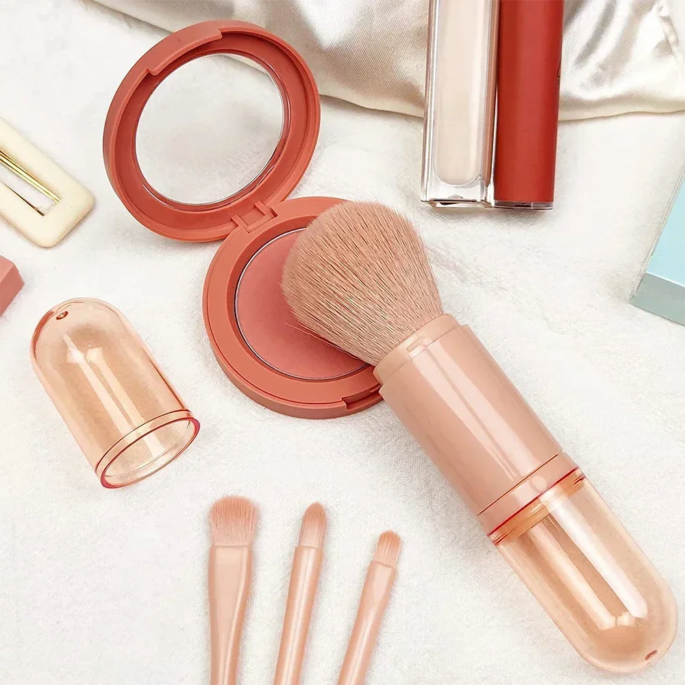 Juego de brochas de maquillaje de viaje 4 en 1, brocha Kabuki retráctil y 3 brochas pequeñas para ojos con cerdas suaves, pequeña y portátil para retocar