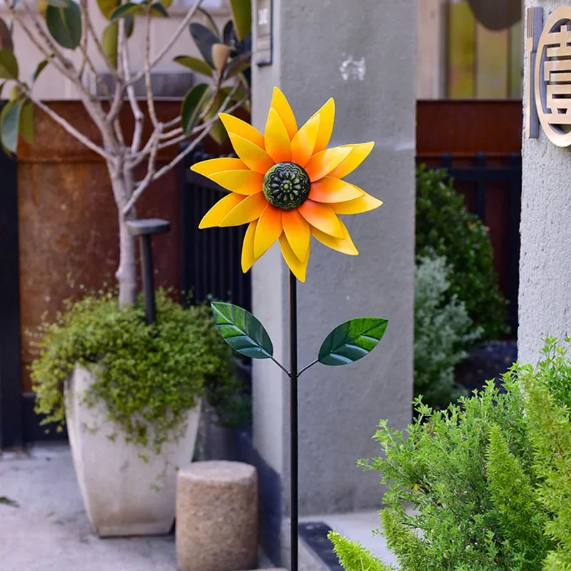 1pc 3D Metal Sunflower Windmill Sculpture - Garden Stake, Wind Spinner, Artistic Yard Decor Outdoor Decorative Accent