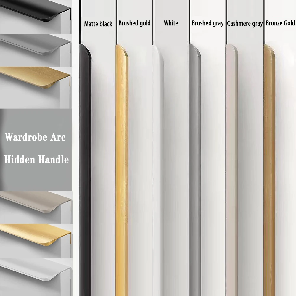 1PCS Hidden Aluminum Cabinet Pulls Curved Edge Wrapped Invisible Handles Wardrobe Drawer 80-1200mm Light Luxury Hardware