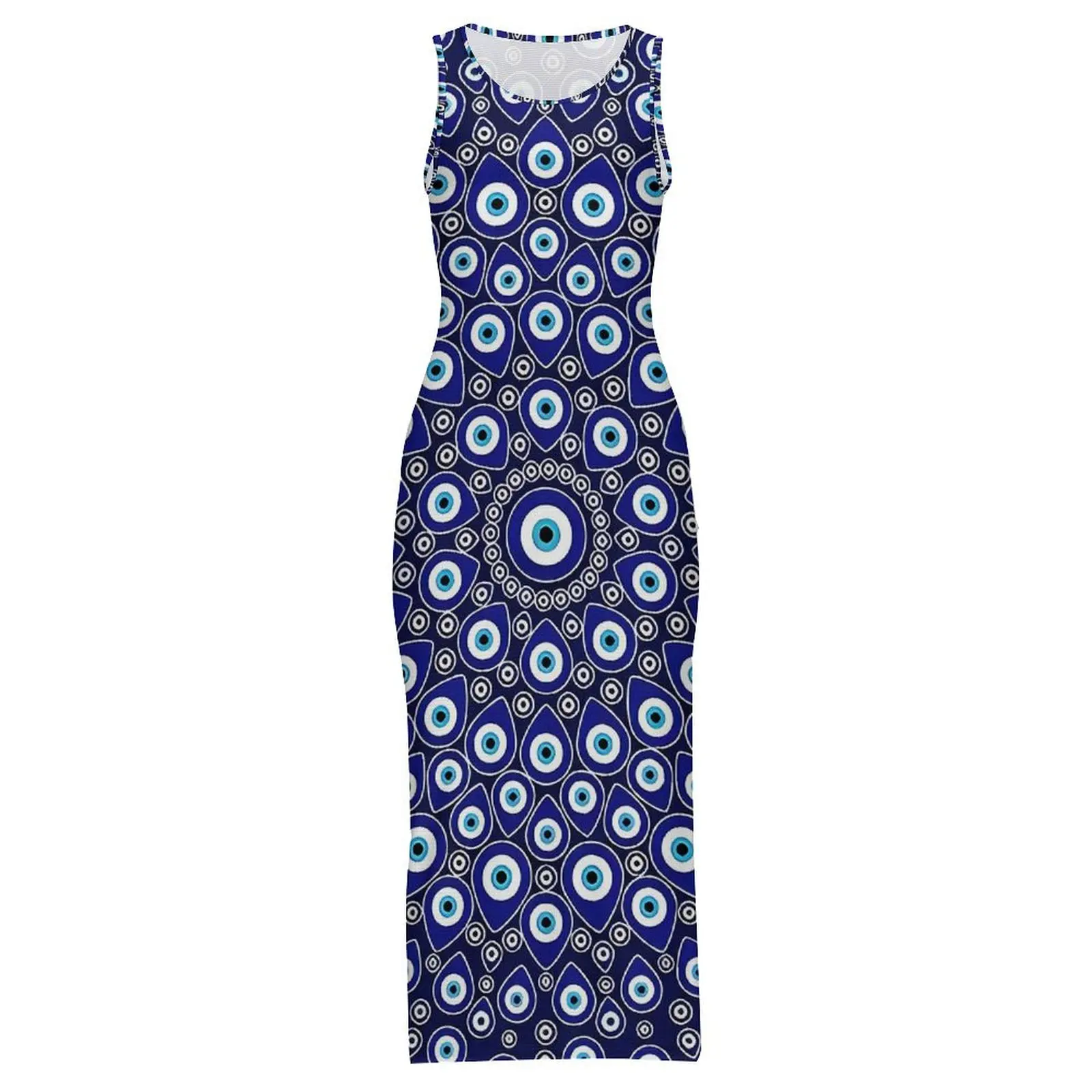 Evil Eye Print Bodycon Dress Verão Nazar Eye Circular Trendy Maxi Vestidos Mulher Sem Mangas Personalizado Estilo de Rua Vestido Tamanho Grande