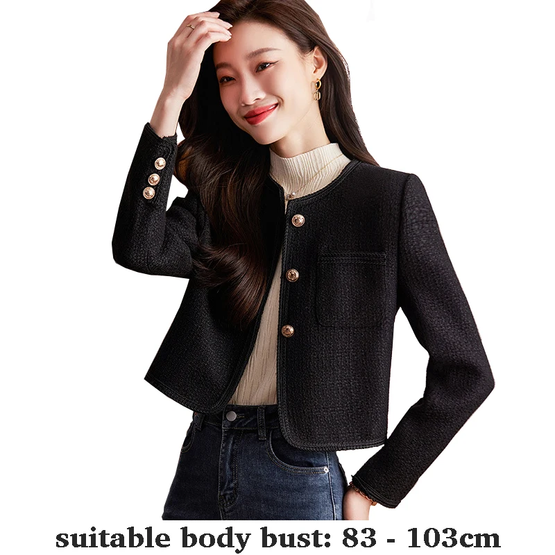 

High quality woolen blazer for women short jacket single breasted O neck autumn winter 2025 elegant office clothes black white