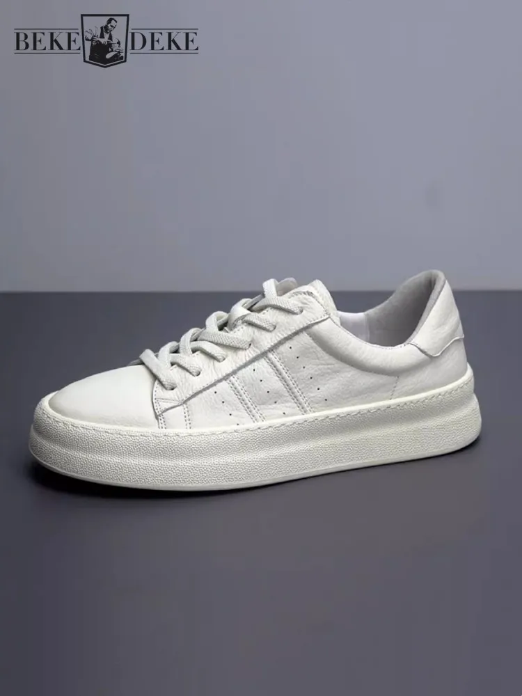 Mens Cow Genuine Leather Shoes Breathable Platform Sneakers Lace Up Design Thick Bottom Fashion Daily Casual Skateboard Shoes