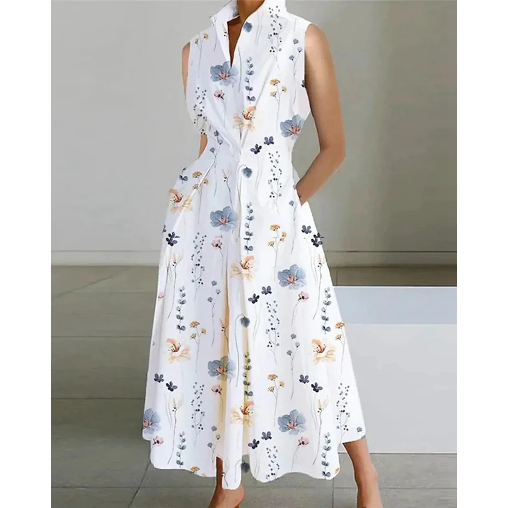 

Elegant Women Floral Print Sleeveless Ruched Maxi Summer Dress Femme V-Neck Sexy A Line Party Dress Lady Vacation WorkWear