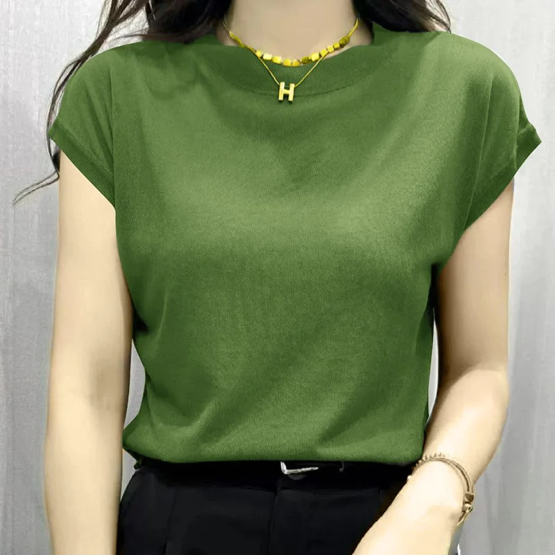 Summer Loose Ice Silk Casual Women\'s T-Shirt 2024 New Bat Sleeve Tees Round Neck Basic Elegant Tee Shirt Korean Fashion Tops