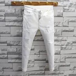 Fashion Streetwear Luxury White Jeans for Men Korean Style Slim Fit Cotton Trousers with Distressed Holes Stretch Casual Jeans