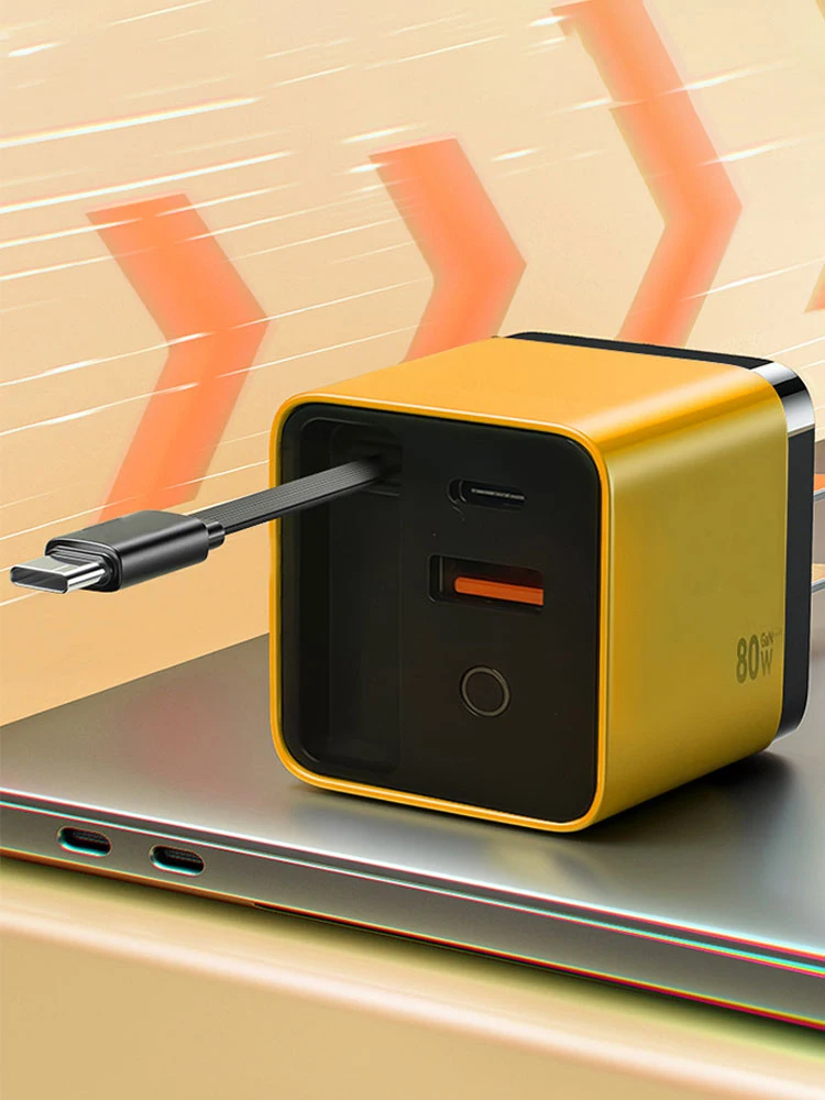 3 in 1 Retractable Phone Wall Plug Scalable 80w Max with Type C Cable and 2 USB Ports for iPhone Phone and Laptops