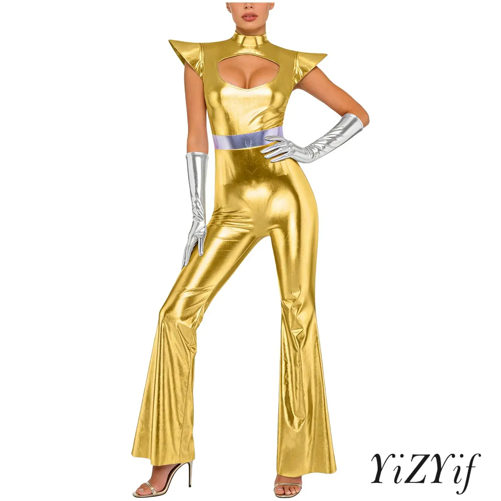 

Women Halloween Alien Costume Metallic Shiny Jumpsuit Mock Neck Fly Sleeve Chest Cutout Bell Bottom Pants with Gloves Bodysuit
