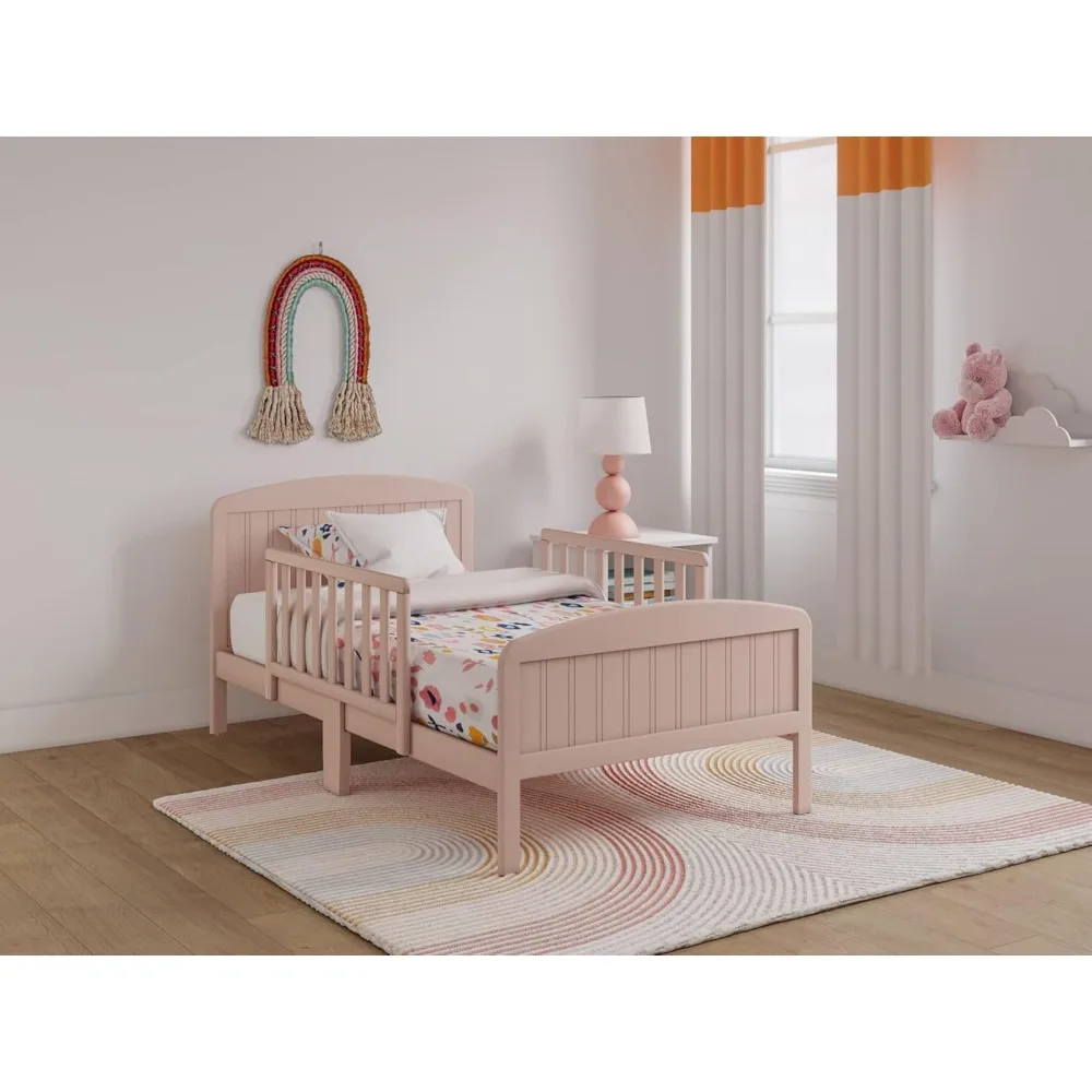 Cama de madera maciza para niños, cama de transición de diseño moderno con rieles, dormitorio infantil con 2 protectores de seguridad