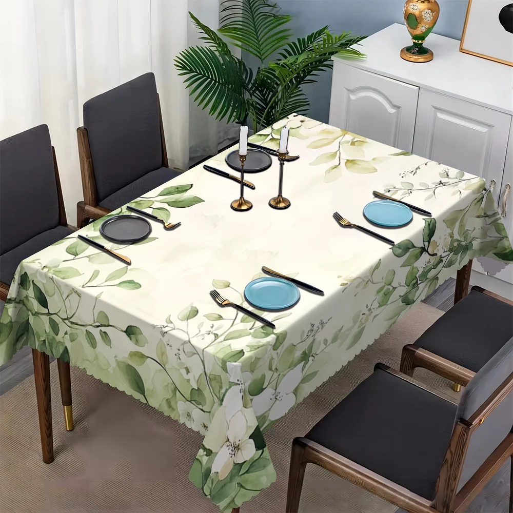 Fresh Watercolor Eucalyptus Branch Print Tablecloth Spill Stain Resistant Wipe Clean Cover For Dining Coffee Kitchen Indoor