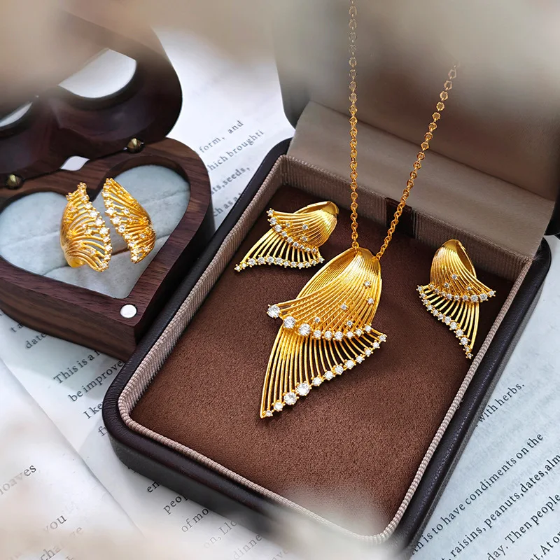 9999 24K Real Gold Exotic Style Wedding Bridal Three Gold Set Hollow Filigree Necklace Ring Earrings