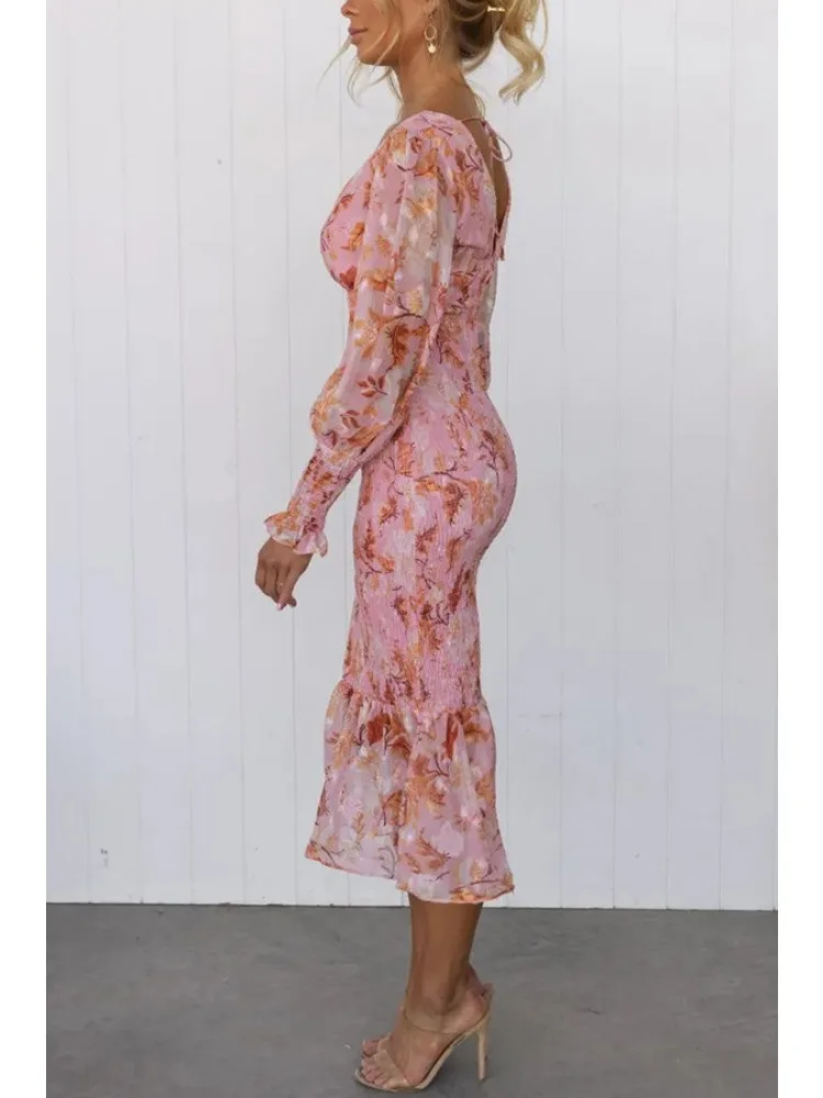 BWQ ボヘミアン花柄ボディコンドレスヴィンテージ V ネックプリーツランタン長袖弾性ウエストミディフリルヒップラップドレス