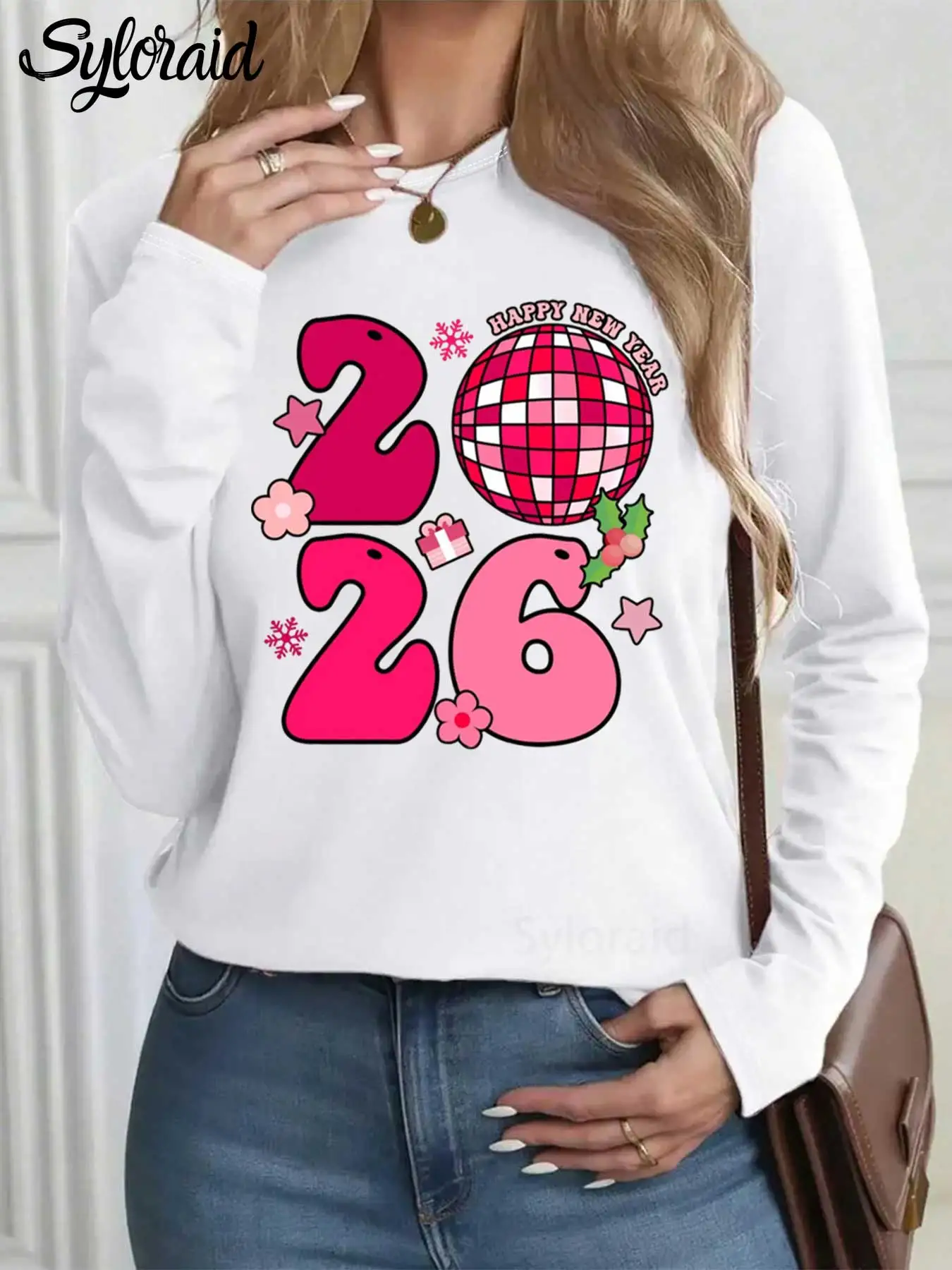 

Women's Long Sleeve T Shirt Pink "Happy New Year 2026" Disco Ball Print T Shirt Fashion Round Neck Casual Top