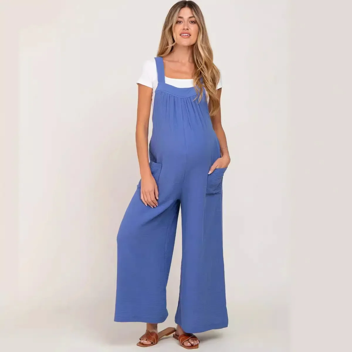 New beige wide-leg lace-up maternity overalls