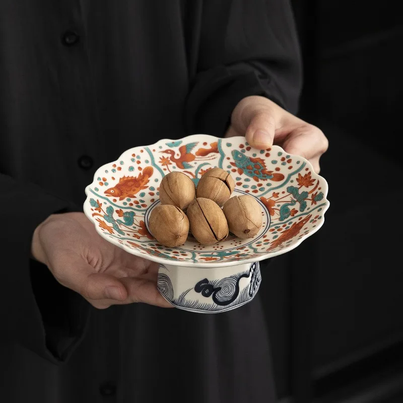 Chinese Style Ceramic Pedestal Fruit Tray | High-End Snack Plate for Living Room & Tea Table