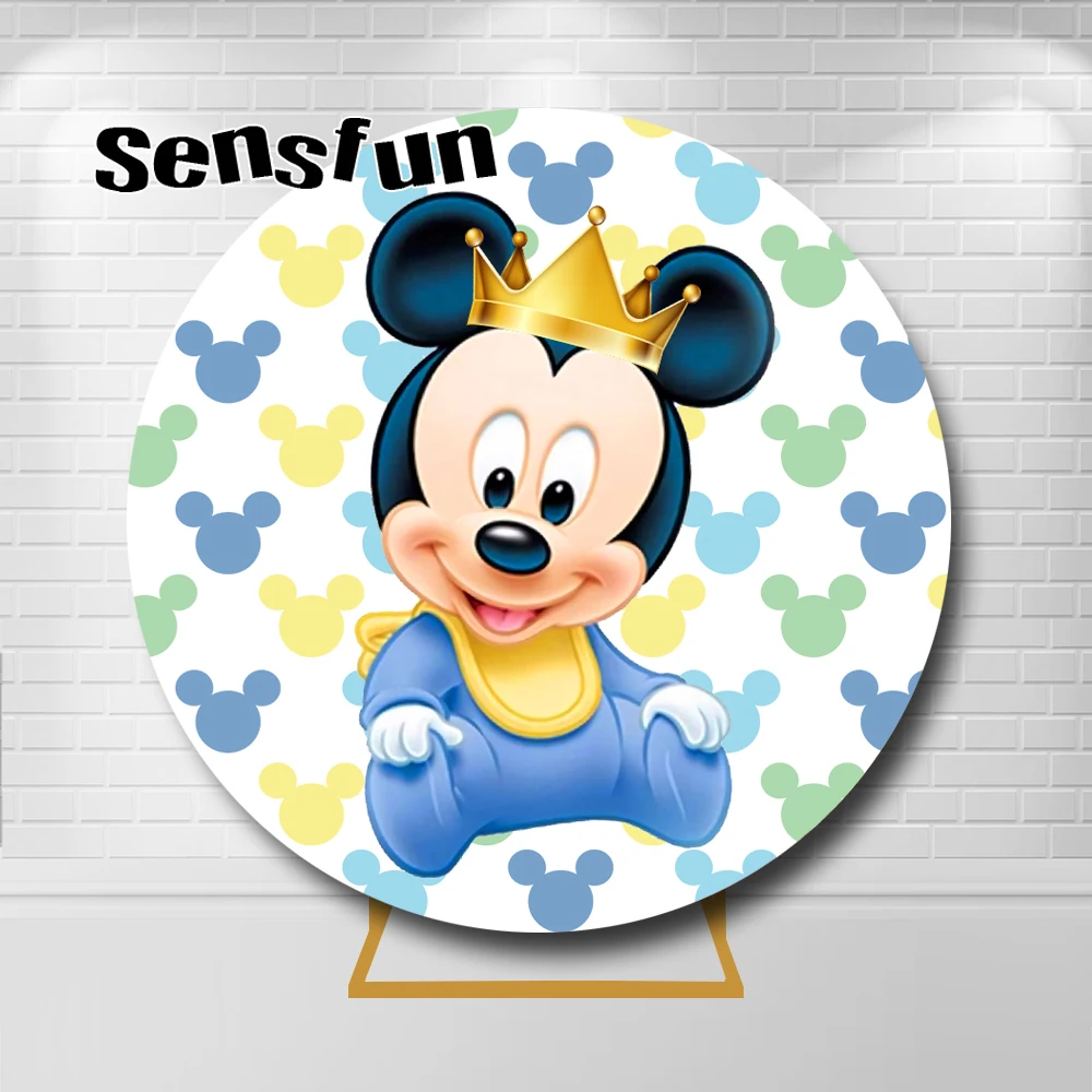 Cute Baby Mickey Round Backdrop Cover Gold Crown Boys Newborn Baby Shower 1st Birthday Party Circle Background Elastic