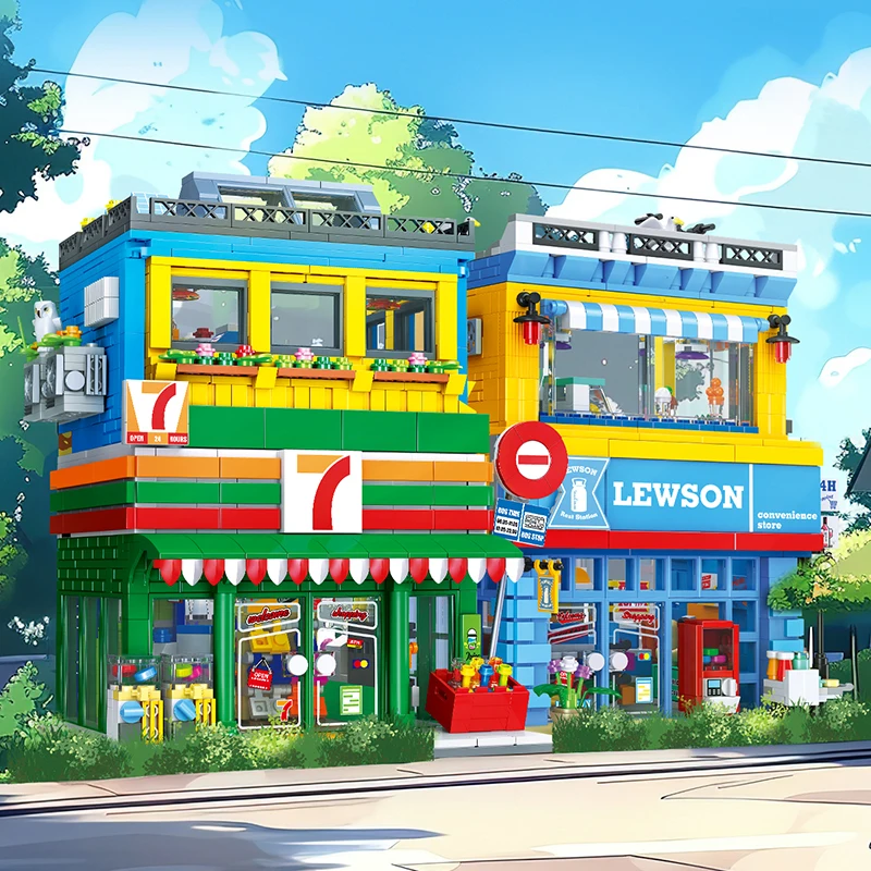 Street scene convenience store model desktop ornament, architectural model building blocks toys, children's holiday gift.