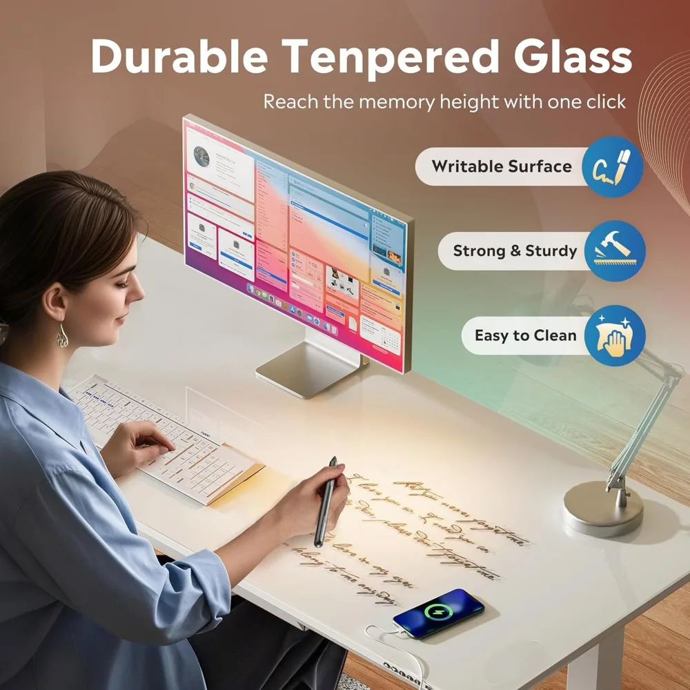 مكتب قائم كهربائي بارتفاع قابل للتعديل مع أدراج، سطح زجاجي كامل القطعة مقاس 48 بوصة، تجميع سريع، أبيض #4